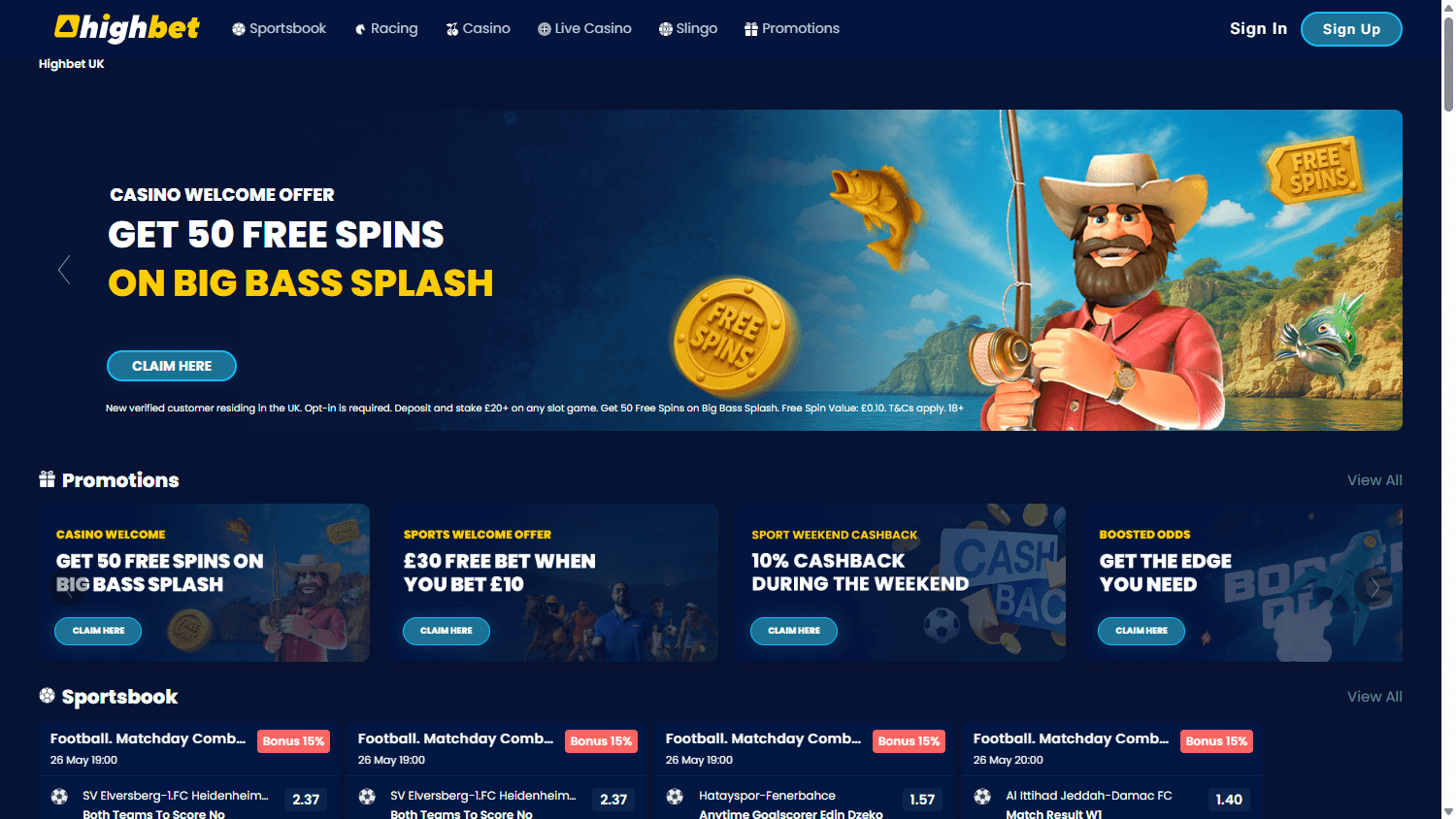 Highbet homepage website screenshot