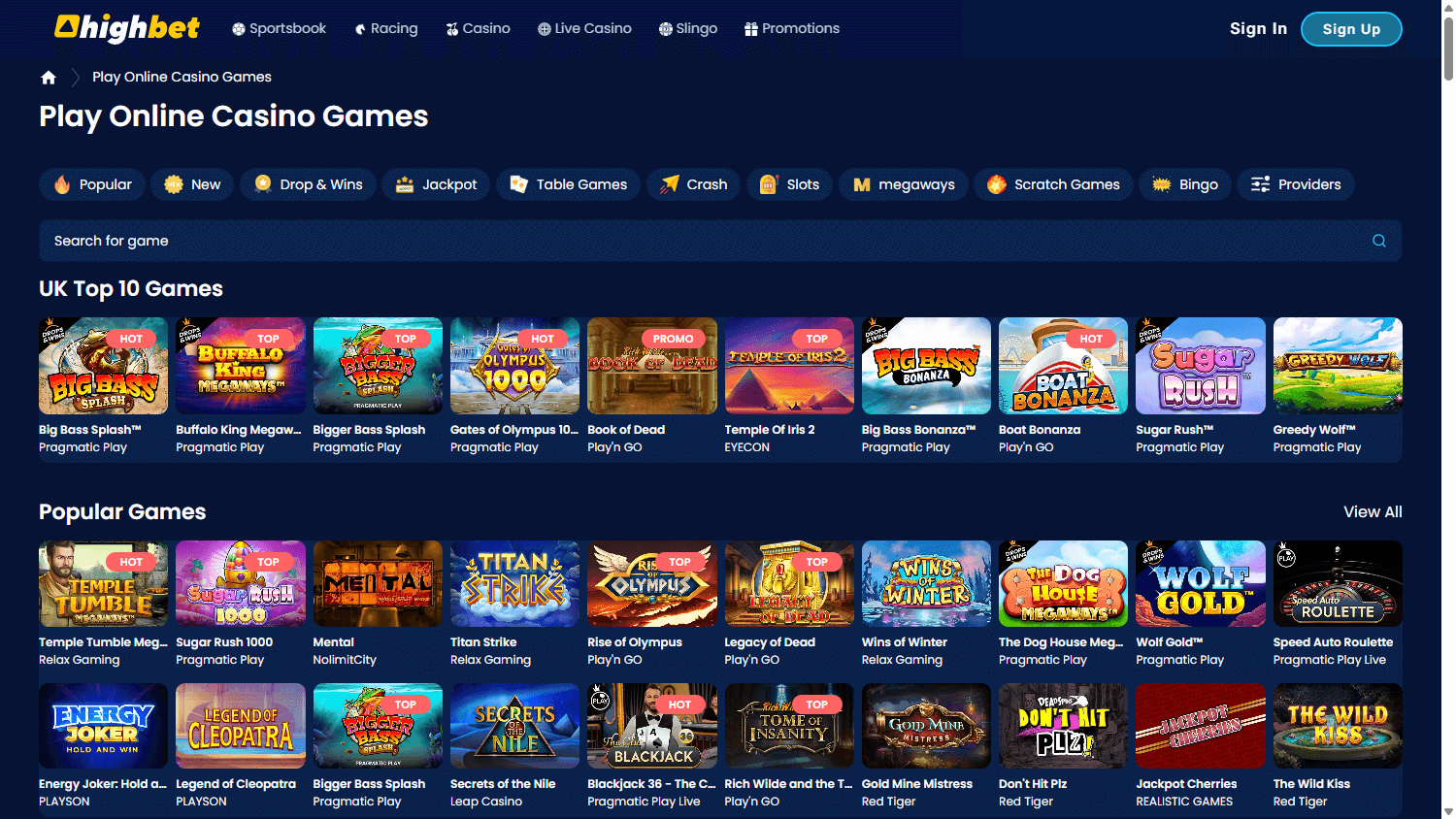 Highbet casino lobby website screenshot