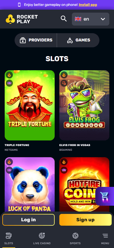 Rocketplay Casino mobile app game gallery interface showing slots and table games