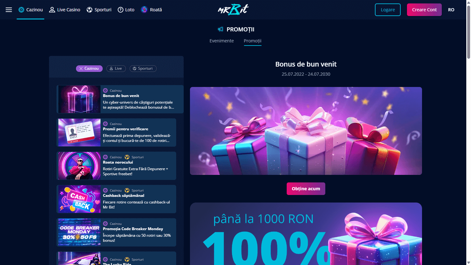 Pagina promoțiilor Mr Bit Casino RO