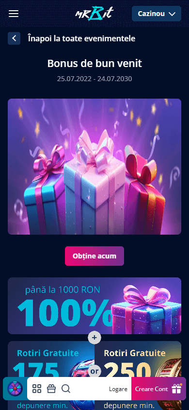 Interfața promoțiilor Mr Bit Casino pe dispozitiv mobil