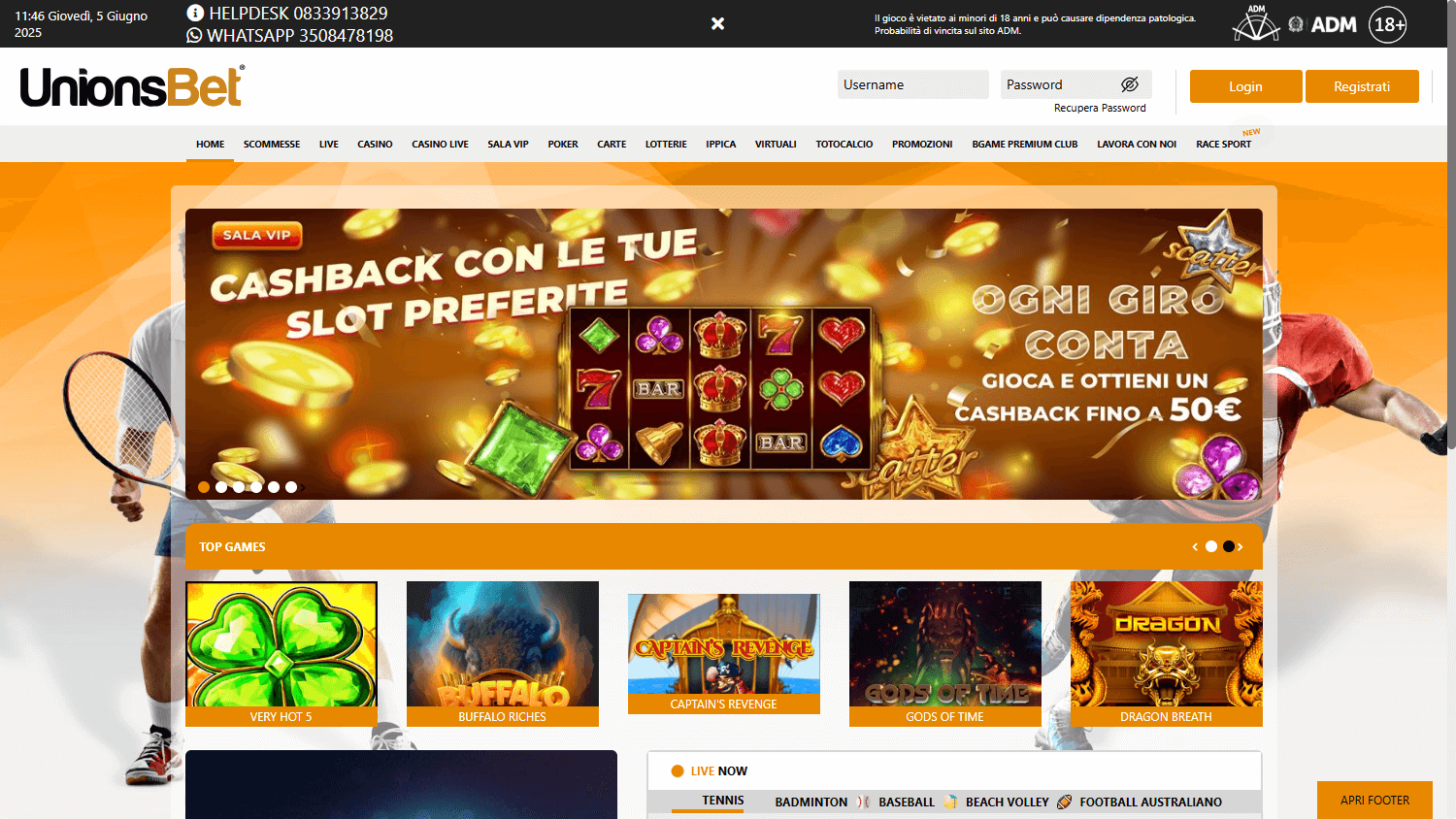 Homepage di UnionsBet Casino