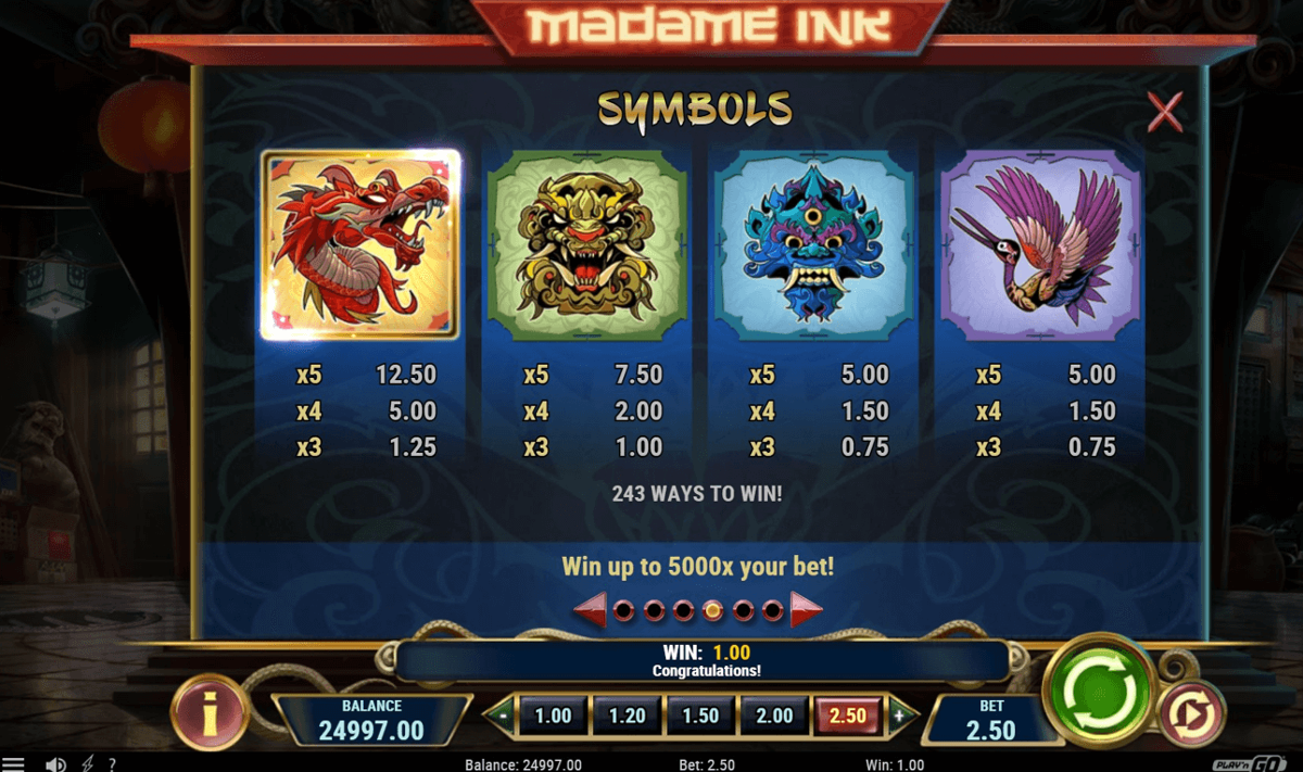 Madame Ink paytable