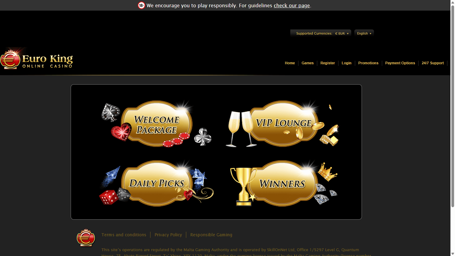 Euro King casino lobby website screenshot