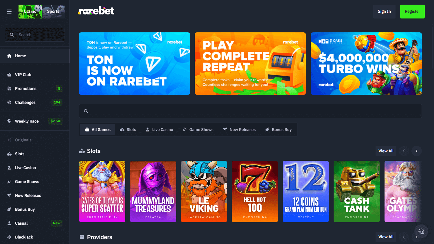 Rarebet_Casino_homepage_desktop