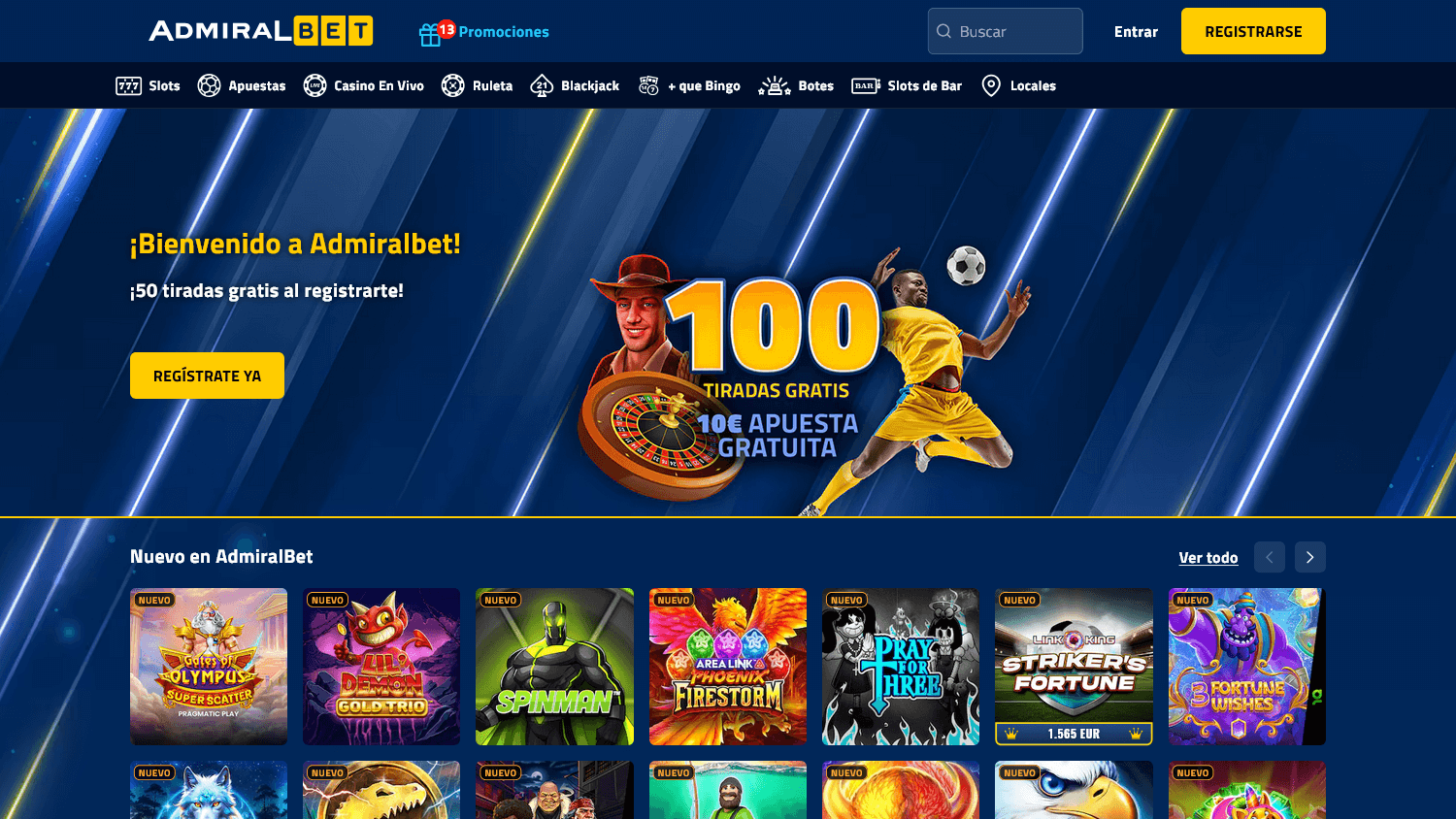 Página de inicio del sitio web de AdmiralBet