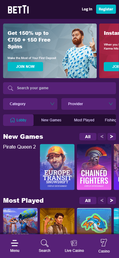 Betti Casino mobile homepage interface showing game categories and promo banners