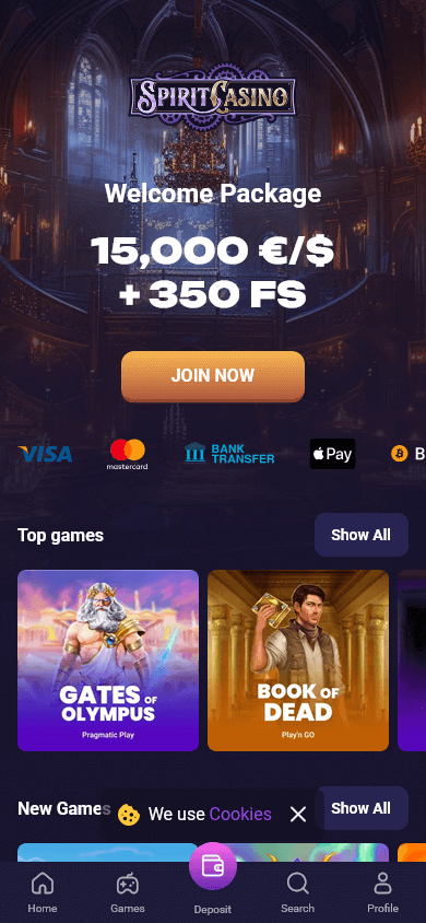 Spirit Casino Homepage Mobile Interface