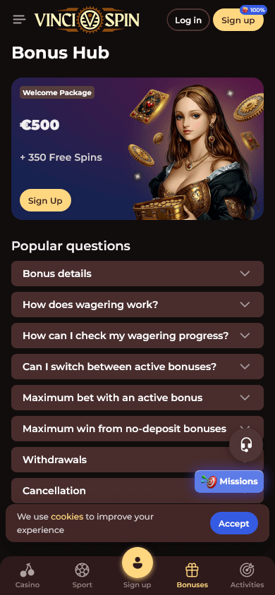 Vincispin Casino Promotions auf Mobile