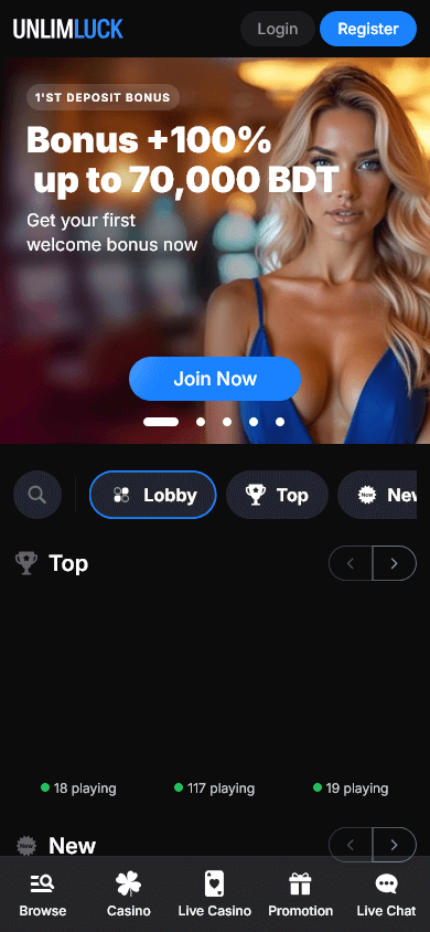 Unlimlucks Casino mobile interface showcasing homepage layout