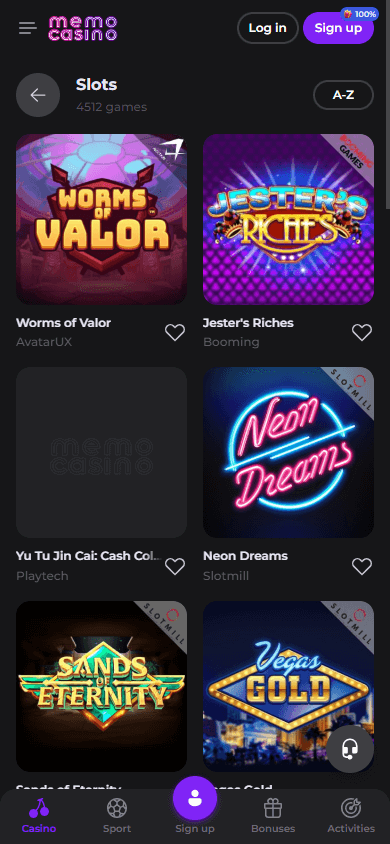 Screenshot of Memo Casino's mobile game lobby on a smartphone