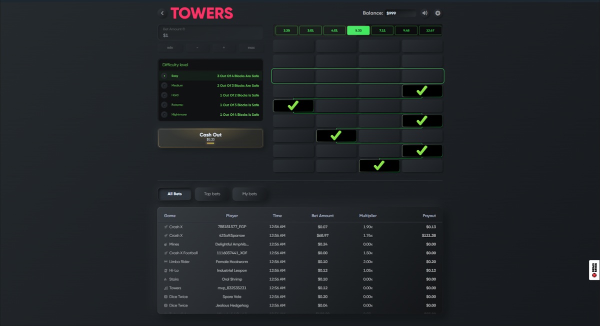 Towers (Crash Game) - Easy difficulty