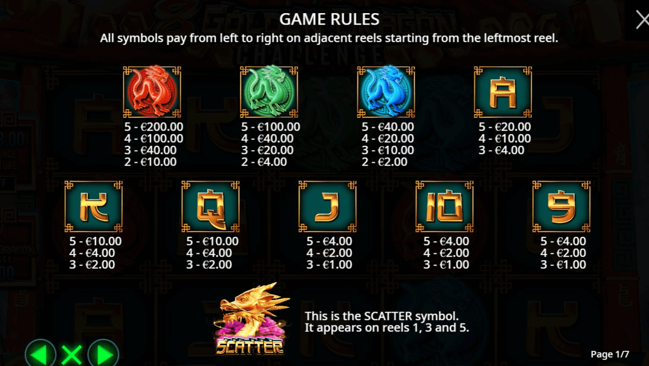 8 Golden Dragon Challenge paytable
