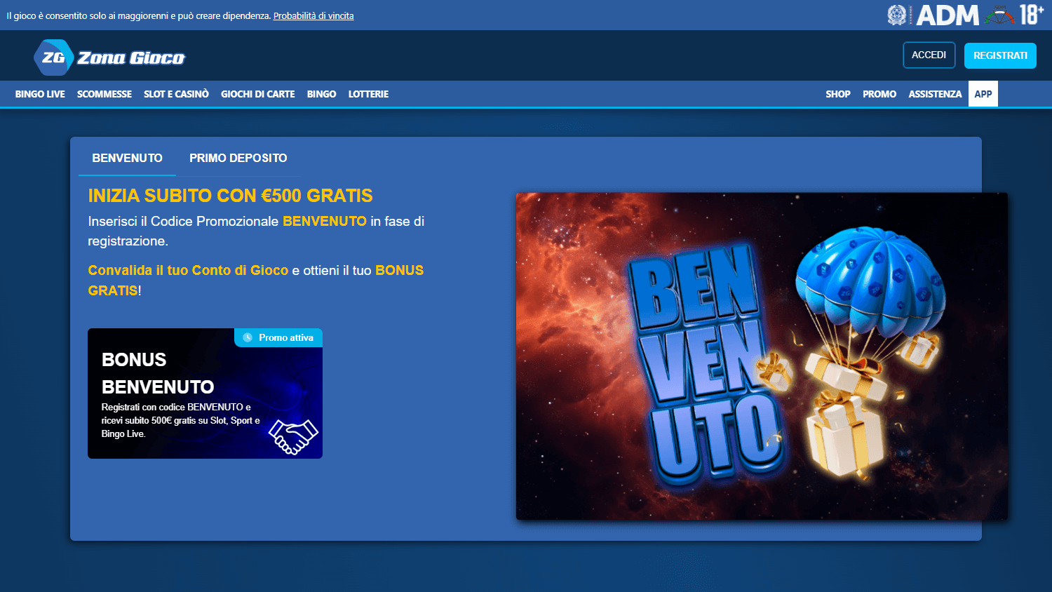 Interfaccia desktop della homepage di Zonagioco Casino, con menù di navigazione e promozioni in evidenza.