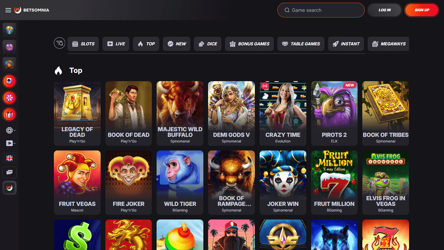 Betsomnia casino game gallery