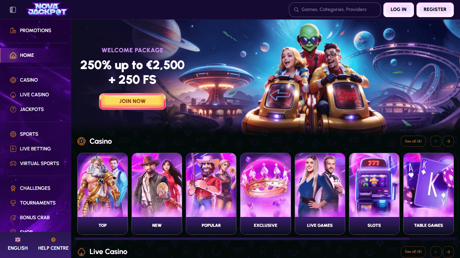 NovaJackpot Casino hjemmeside