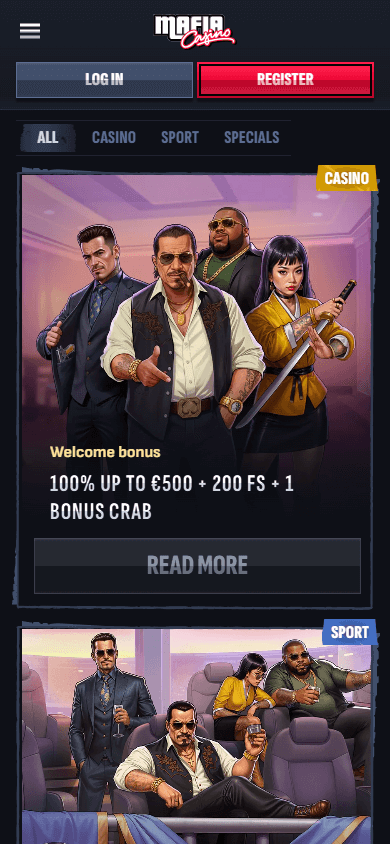 Schermata mobile delle promozioni di Mafia Casino che mostra vari bonus