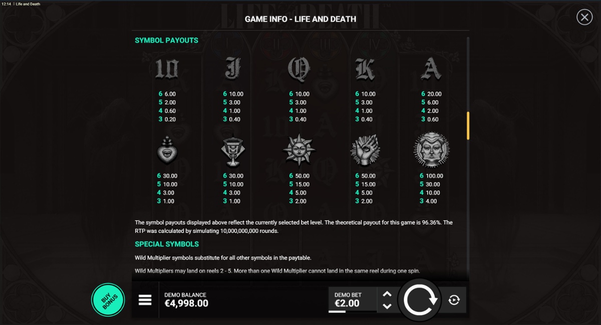Life and Death slot - Full paytable