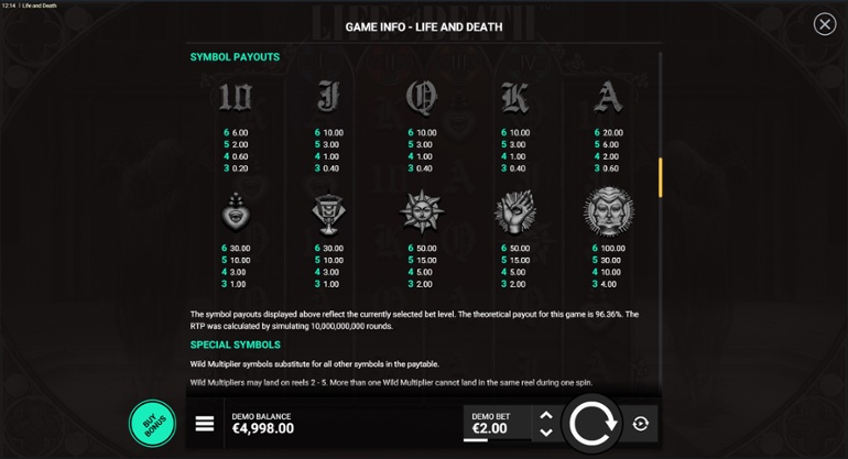 Life and Death slot - Full paytable