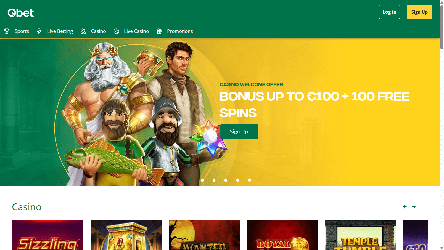 QBet casino homepage screenshot