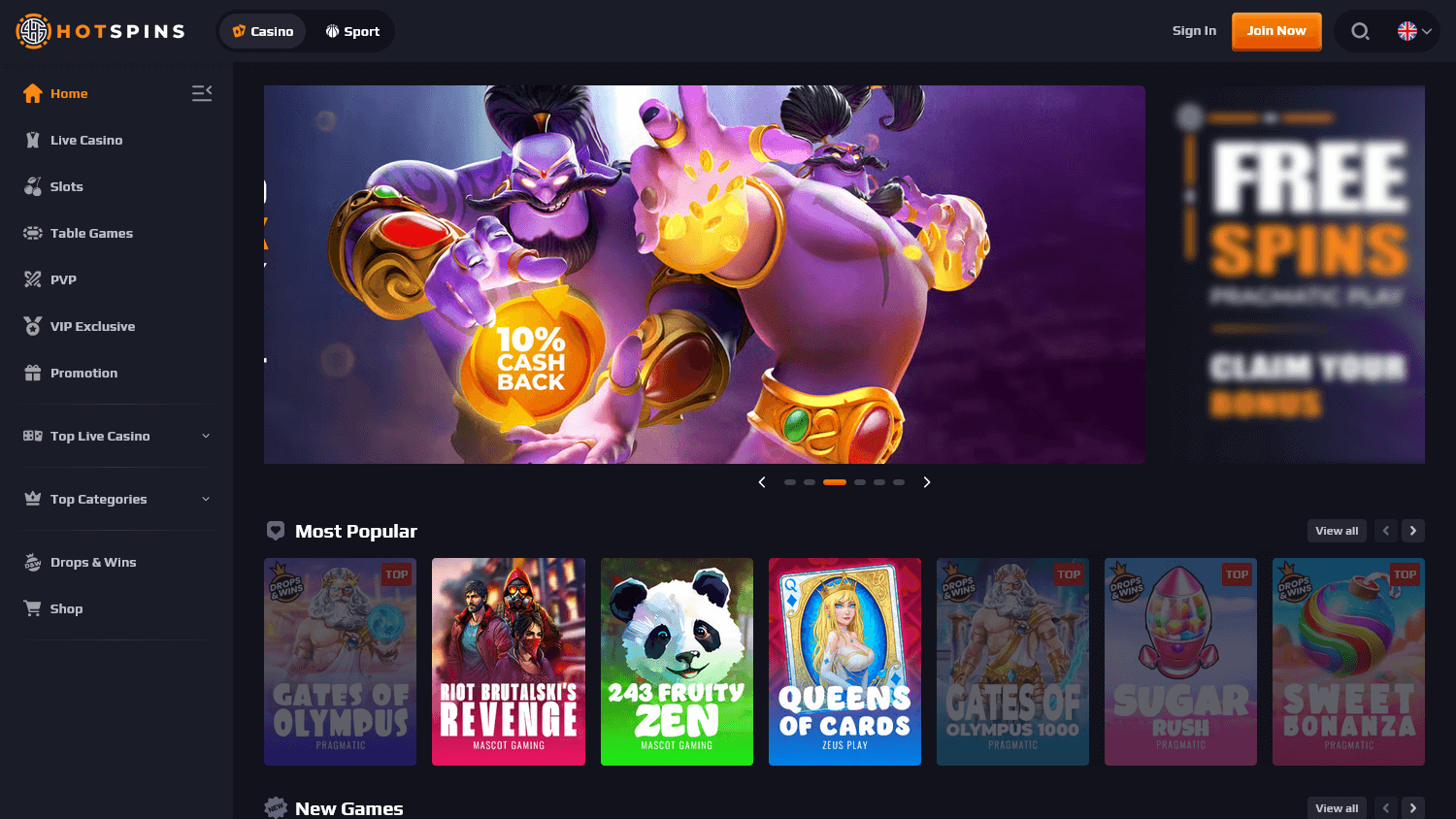 hotspins.io_casino_homepage_desktop