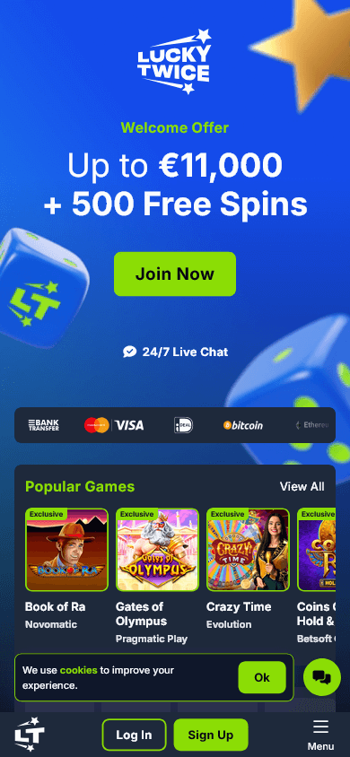 Luckytwice Casino Mobile Homepage