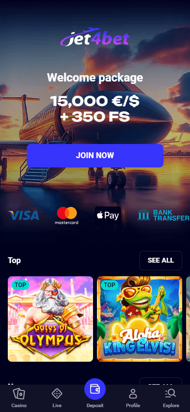Jet4bet Casino Homepage auf Mobile