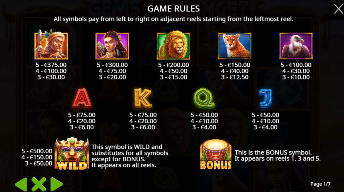 Gems of Serengeti paytable