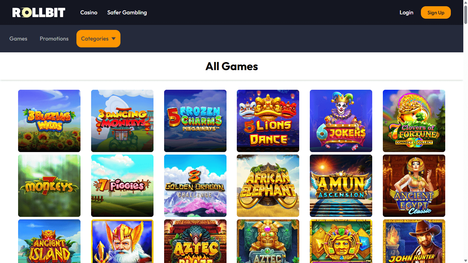 Rollbit archived games lobby website screenshot