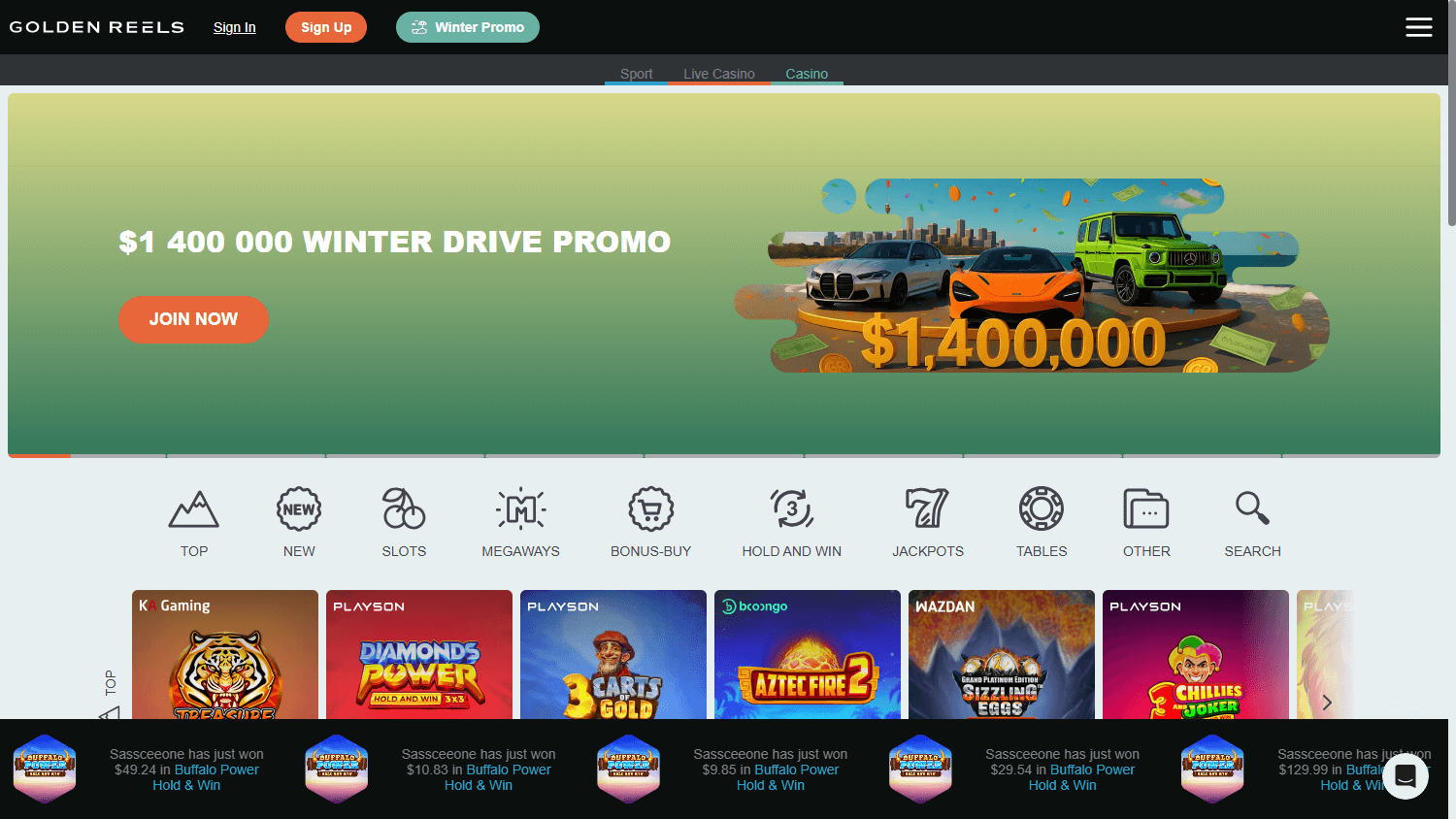 Golden Reels Casino desktop homepage interface showing game lobby and promotions