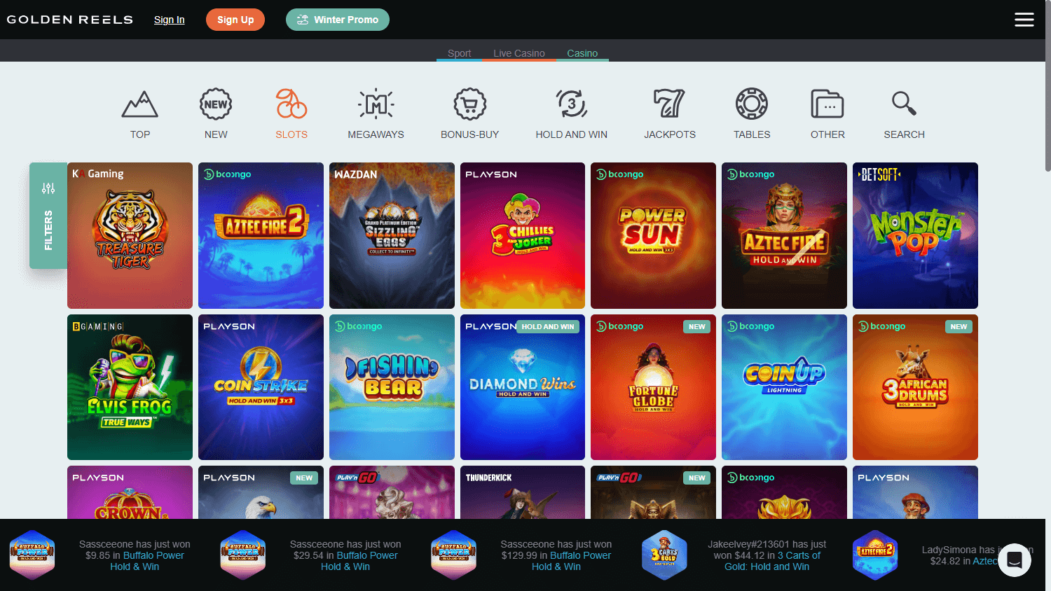 Screenshot of Golden Reels Casino game lobby on desktop showing slot machines and navigation
