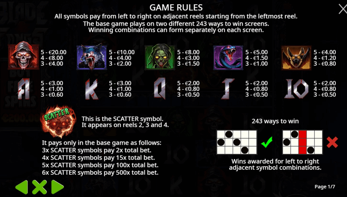 Blade and Fangs paytable