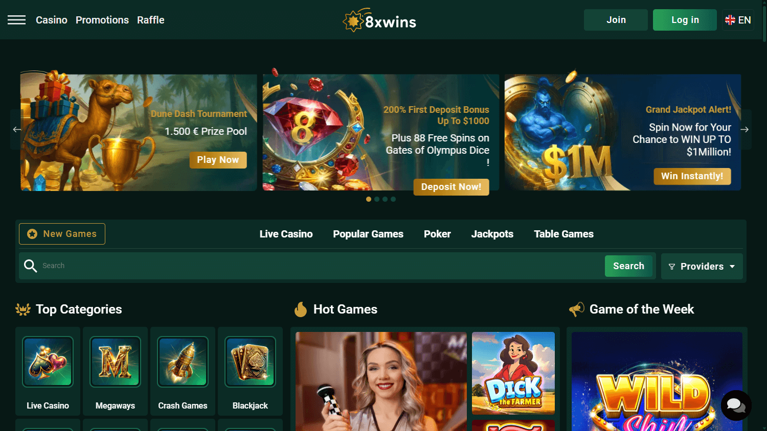 8xwins_Casino_homepage_desktop
