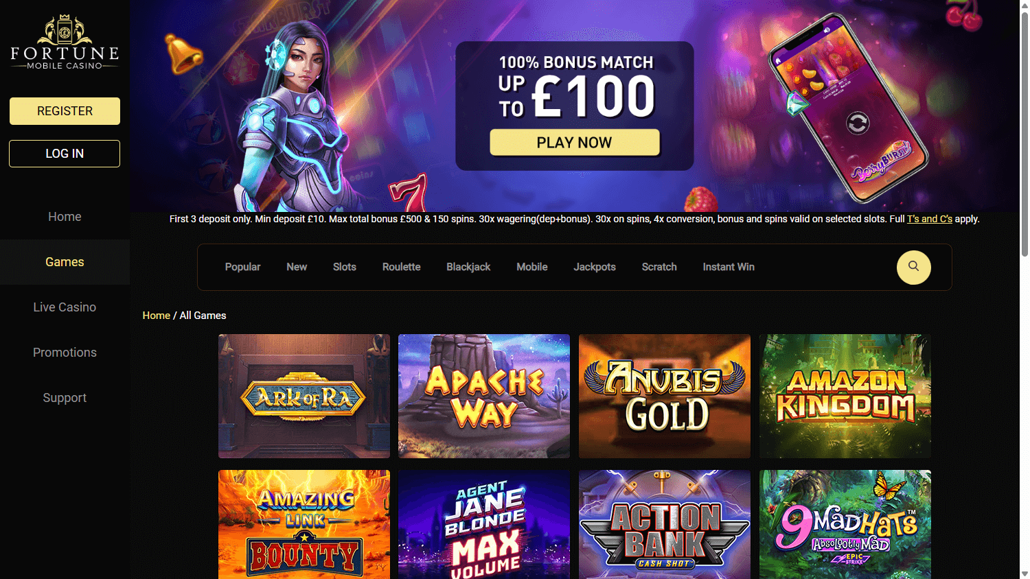 Fortune Mobile casino lobby website screenshot