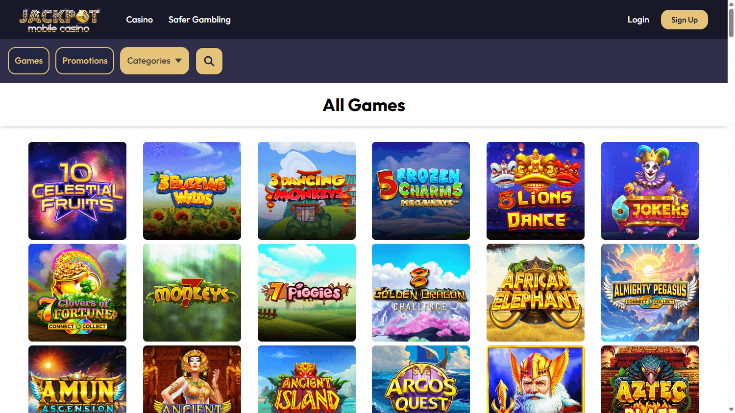 Jackpot Mobile casino lobby website screenshot