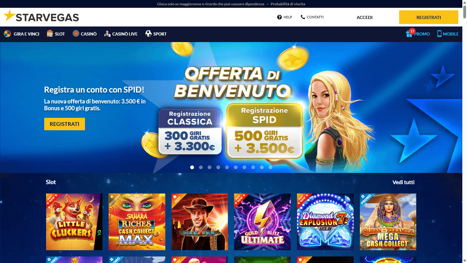 Schermata desktop della homepage di StarVegas Casino, che mostra promozioni e una selezione di giochi slot.