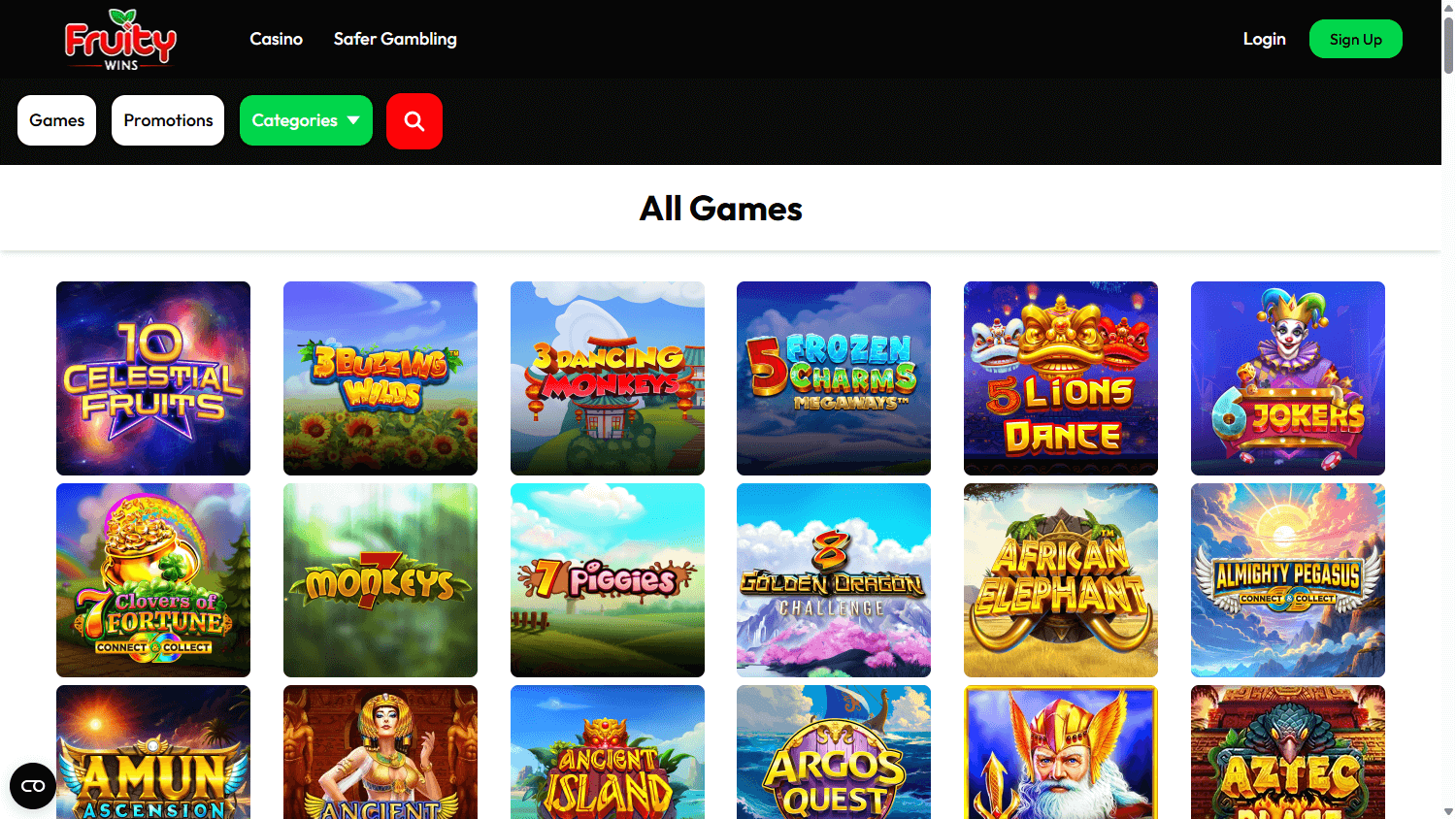 Fruity Wins casino lobby website screenshot