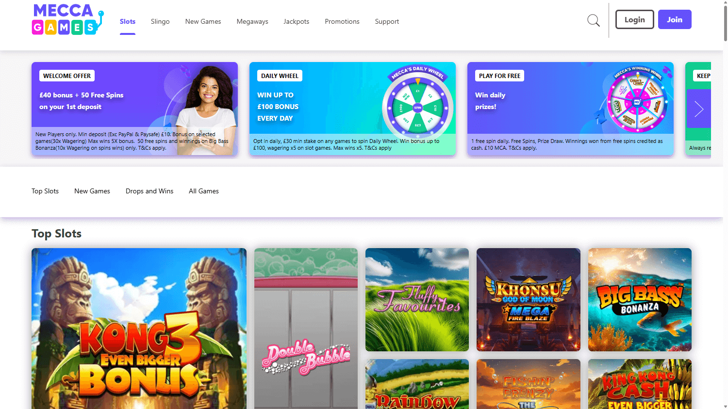 Mecca Games casino lobby website screenshot