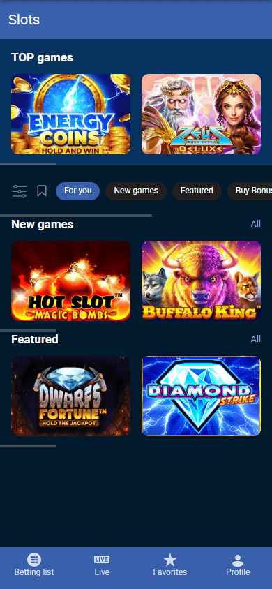 Betcity mobiele app interface met spelgalerij