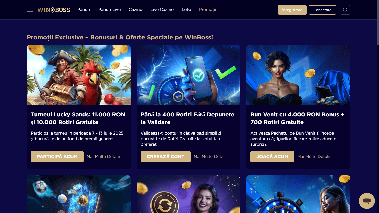 Interfața promoțiilor WinBoss Casino pe desktop, prezentând oferte și termeni