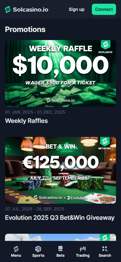 Interface mobile des promotions Solcasino montrant les offres disponibles
