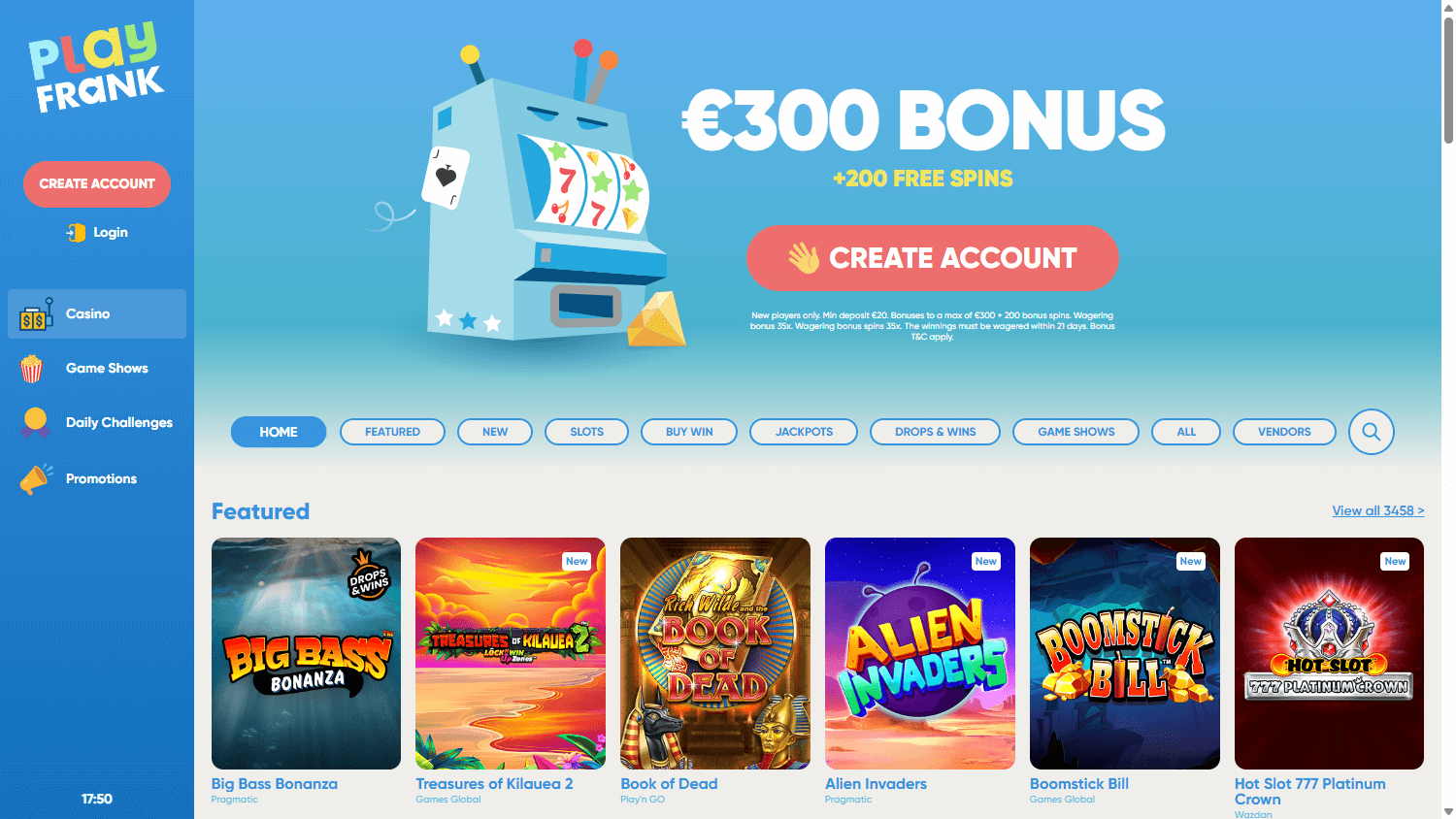 PlayFrank homepage website screenshot