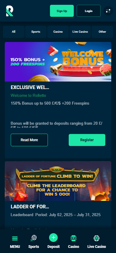 Rolletto casino promotions mobile interface showing bonus offers