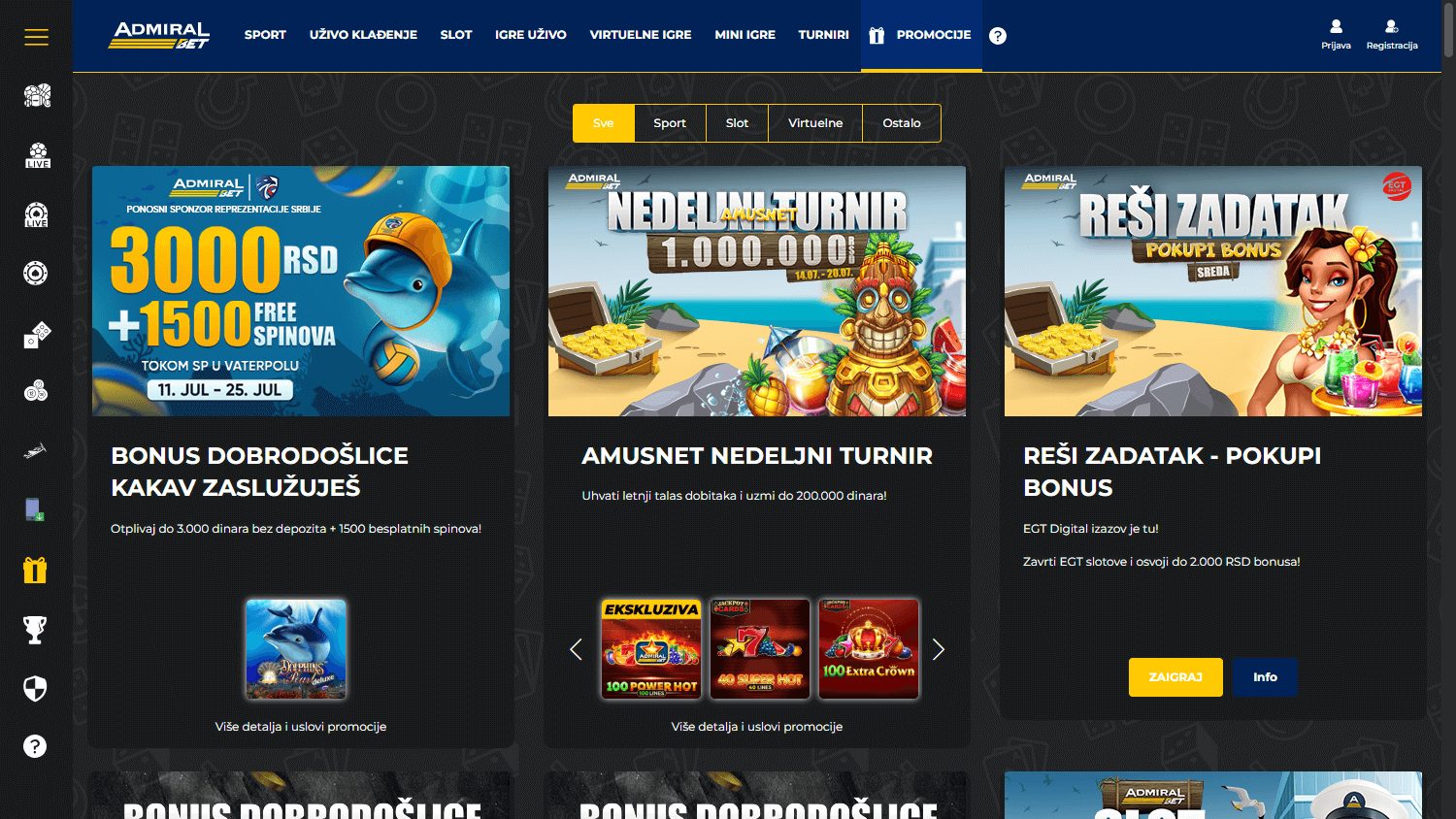 Pantalla de promociones de Admiralbet mostrando la oferta de bono de bienvenida y promociones en curso.