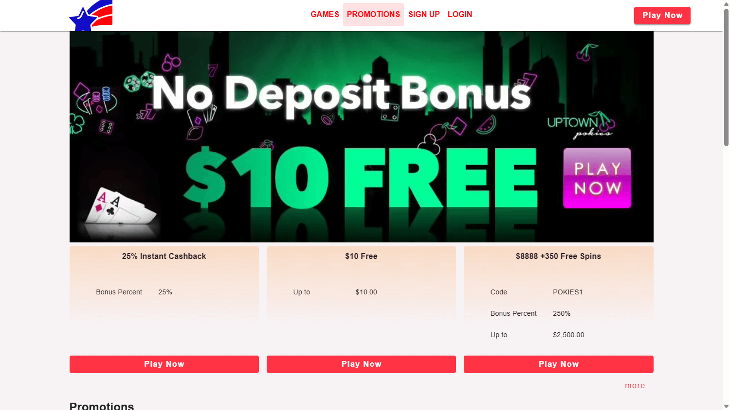 Uptown Pokies Casino Promotions Desktop Interface