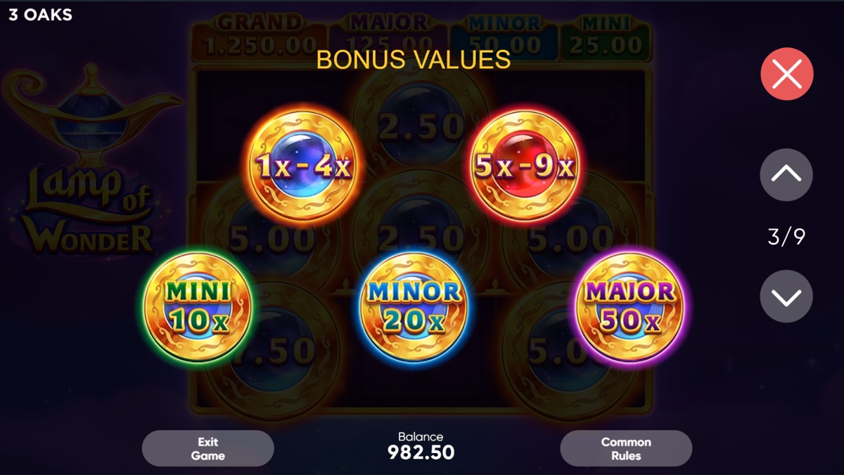 Lamp of Wonder slot - Bonus Values