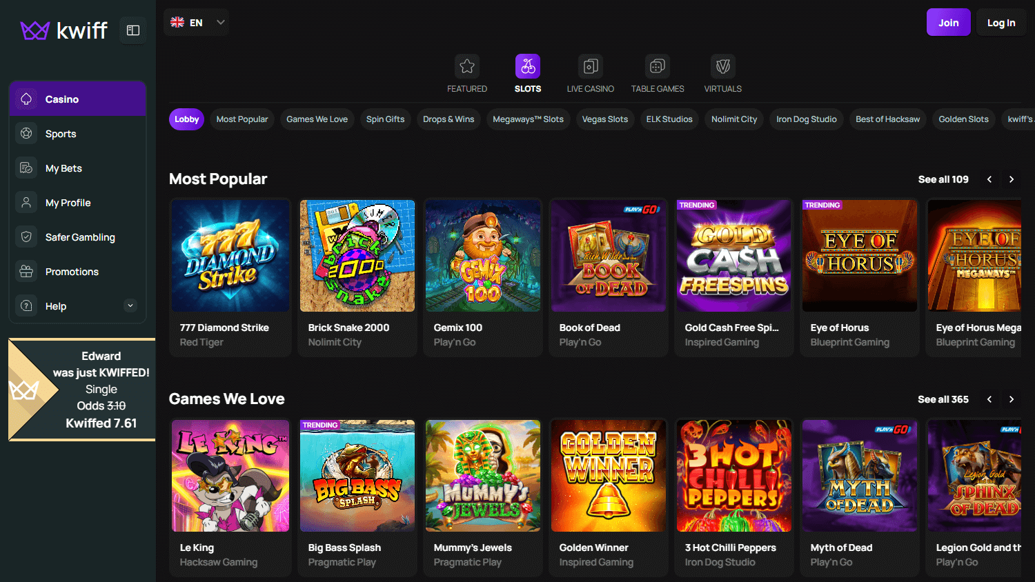 Kwiff casino lobby website screenshot