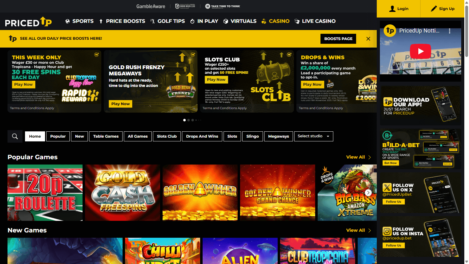 PricedUp casino lobby website screenshot