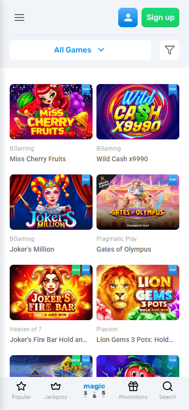 Interfejs aplikacji mobilnej Magic365 casino z galerią gier