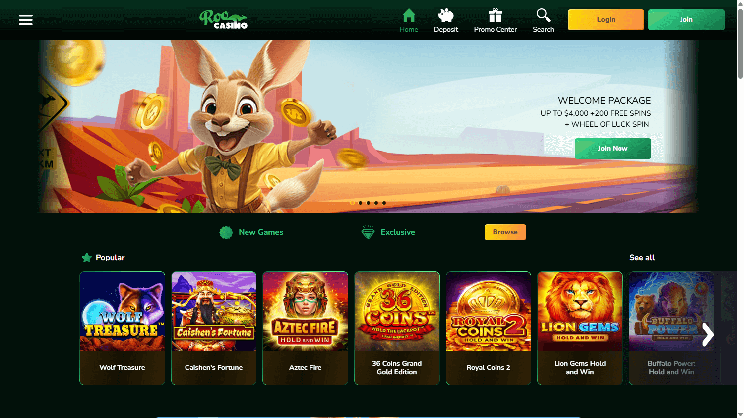 Roo Casino Homepage